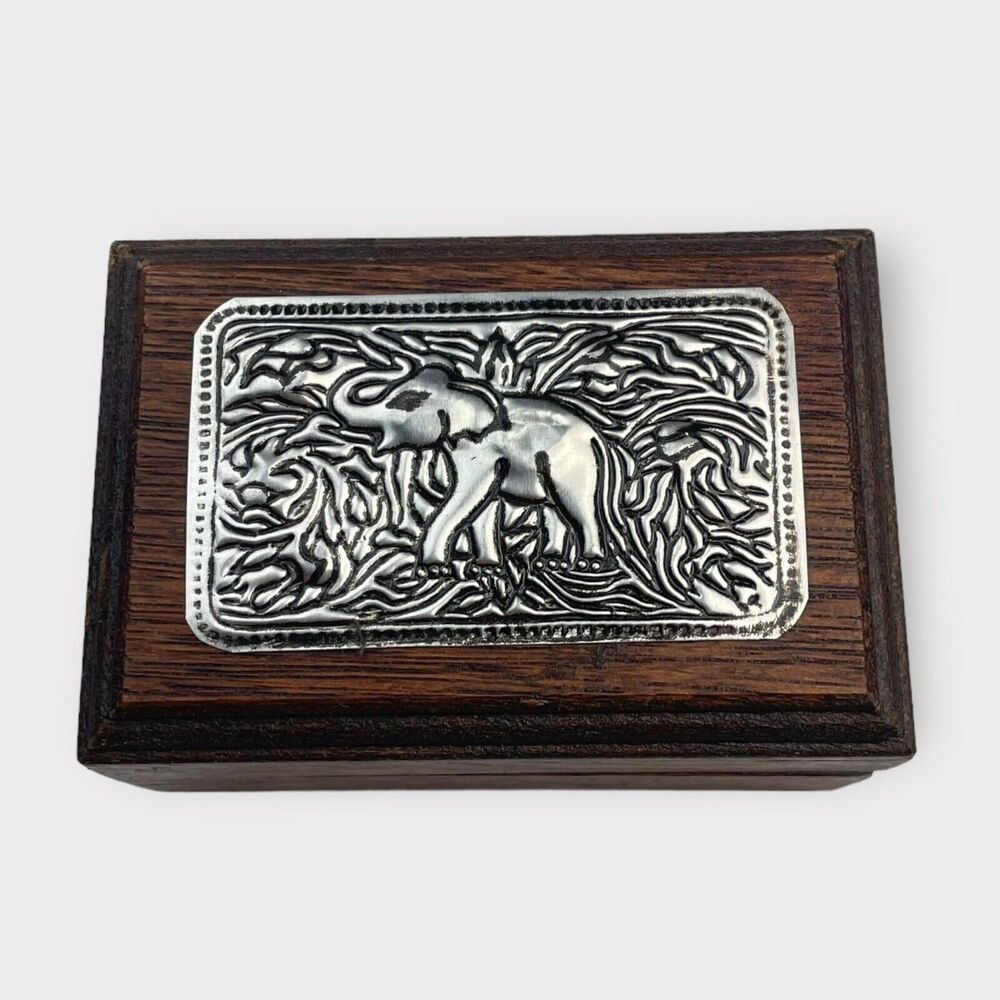 VTG Small Wooden Trinket Box Metal Elephant Dark Wood Mirror Lid Boho African